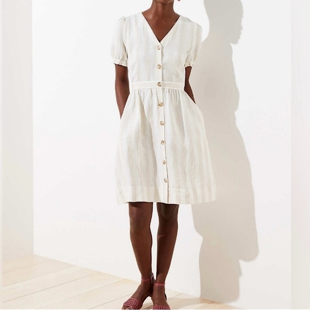 Loft Linen Striped Puff Sleeve Pocket Shirtdress Tan White Cream Women’s Size 12